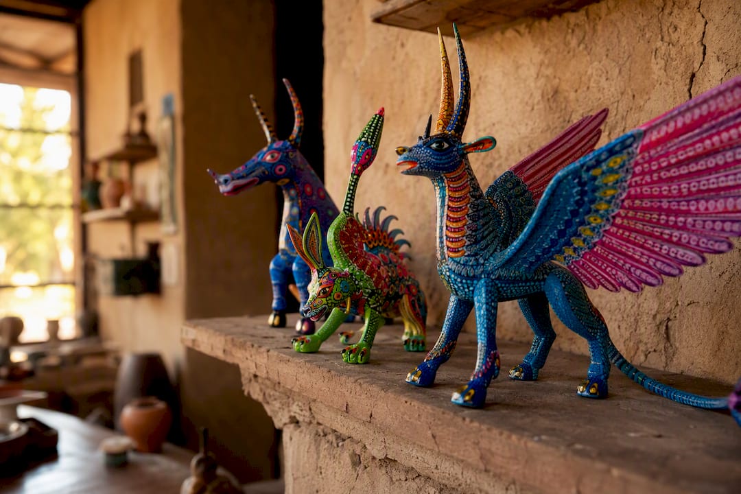Colorful patterned alebrije sculptures on table