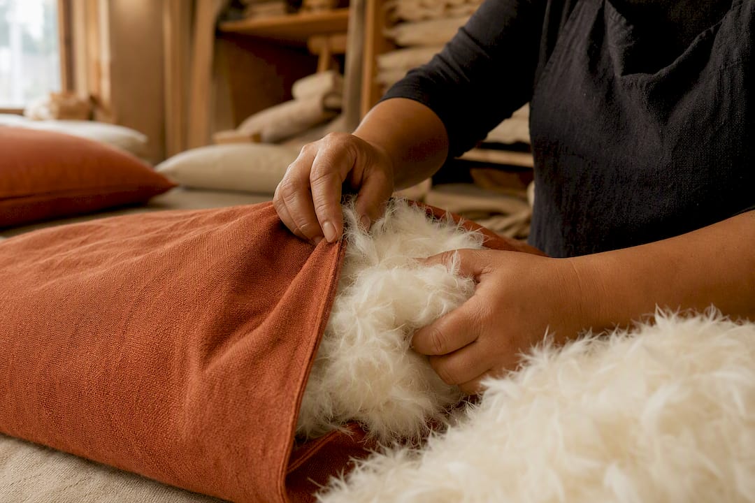 Hands stuffing cushions with feather inserts