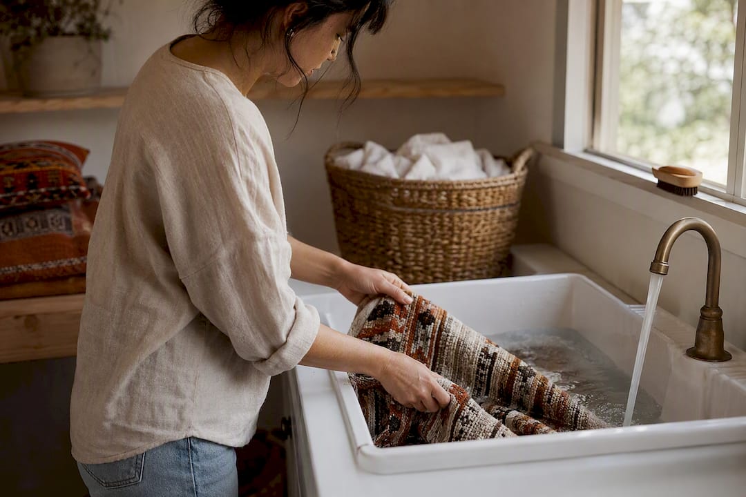 Hands removing washable ottoman cover