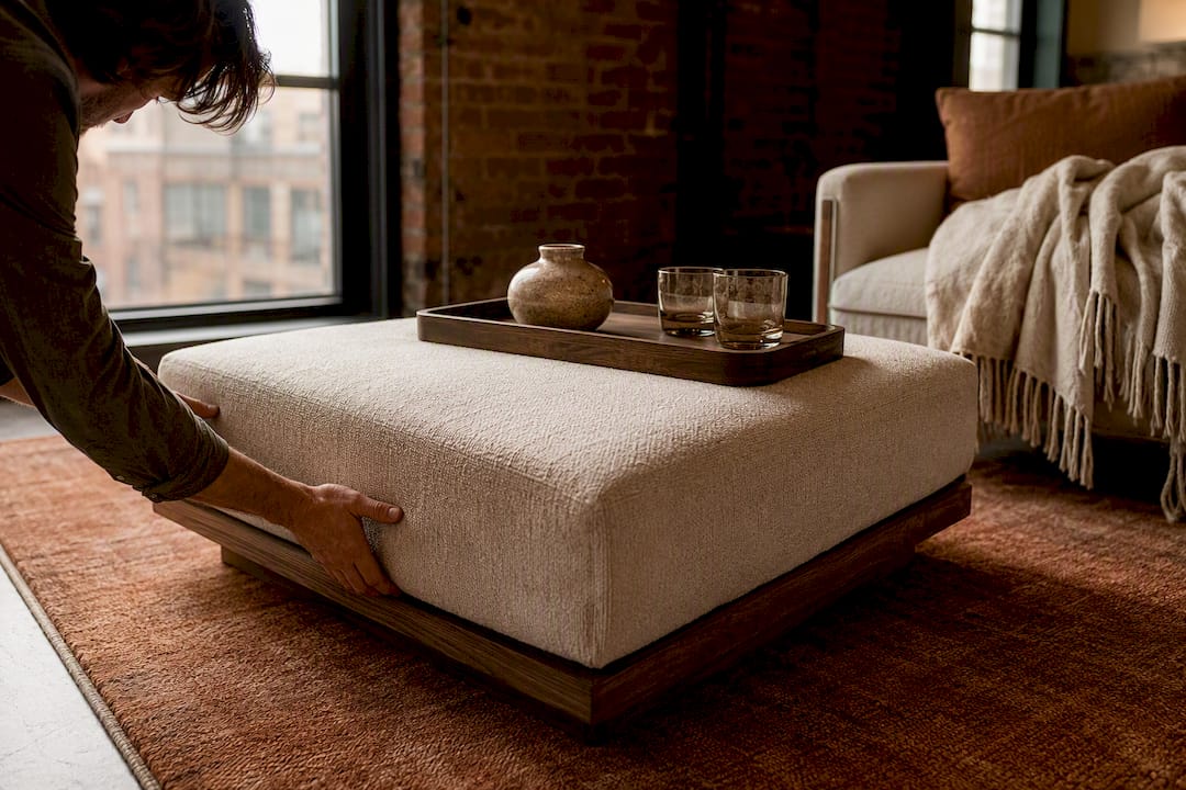 Upholstered ottoman used as stable coffee table