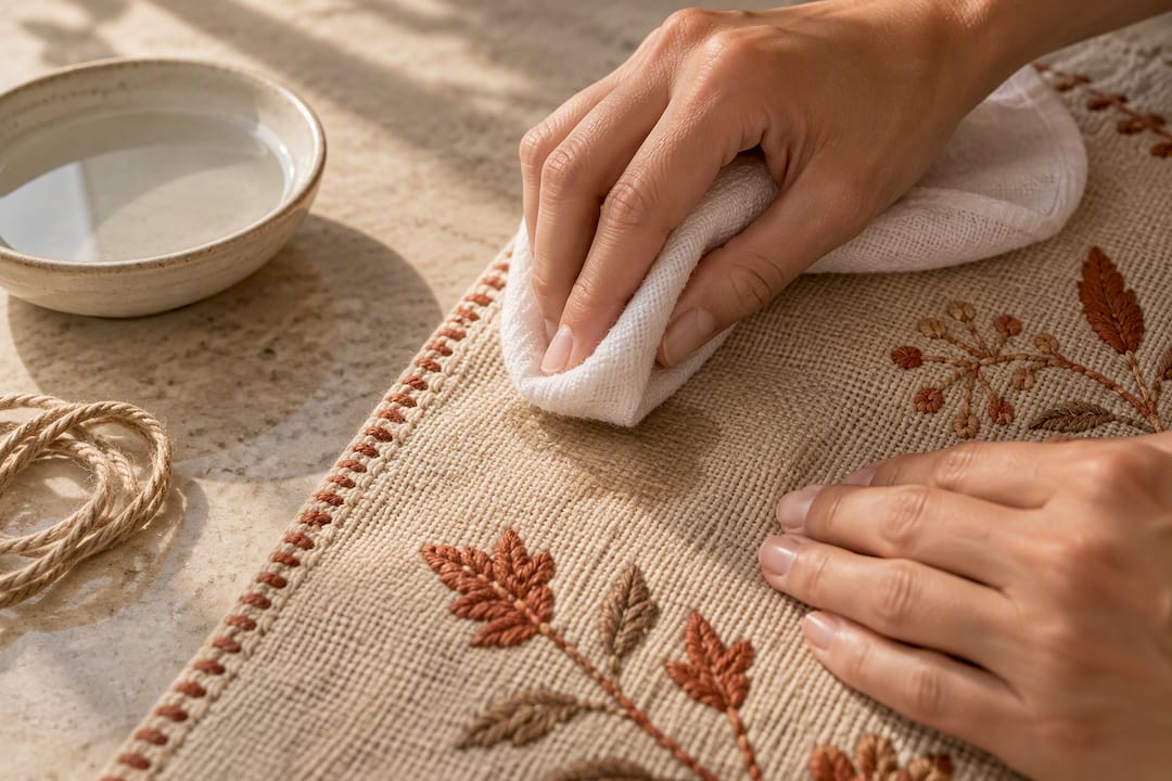Hands spot cleaning embroidered textile