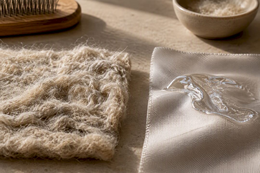 Matted wool and heat damaged polyester fibers