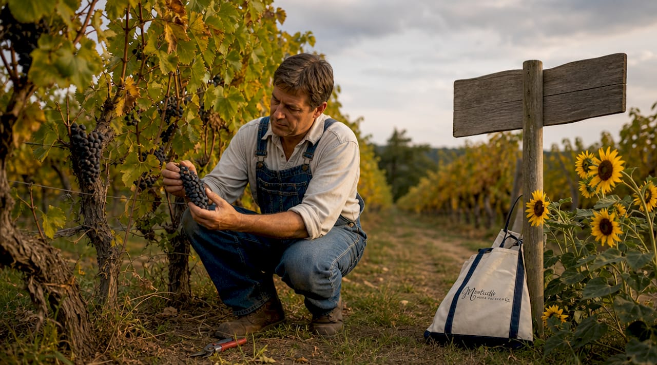 Man inspecting grapes at small Virginia vineyard