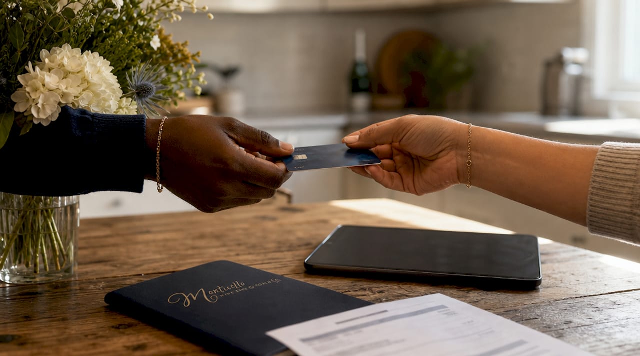 Hands holding credit cards for wine club payment