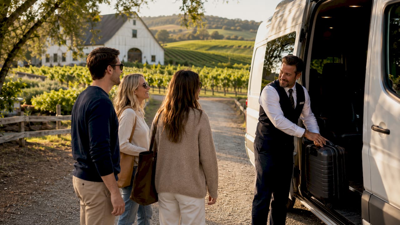 Driver opening van door for group at vineyard parking lot