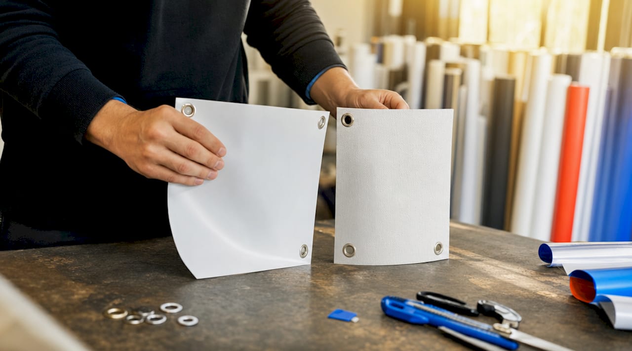 Close-up of two vinyl banner material samples