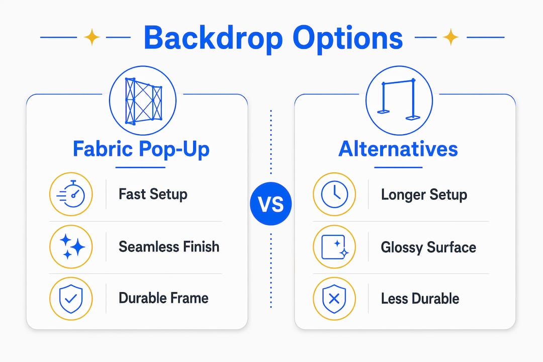 Infographic comparing fabric pop-up backdrops and alternatives