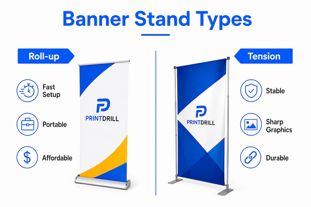 Infographic comparing roll-up and tension banner stands
