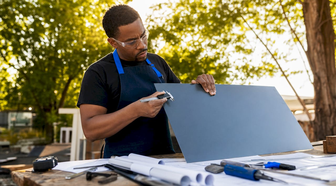 Technician inspecting durable aluminum sign panel