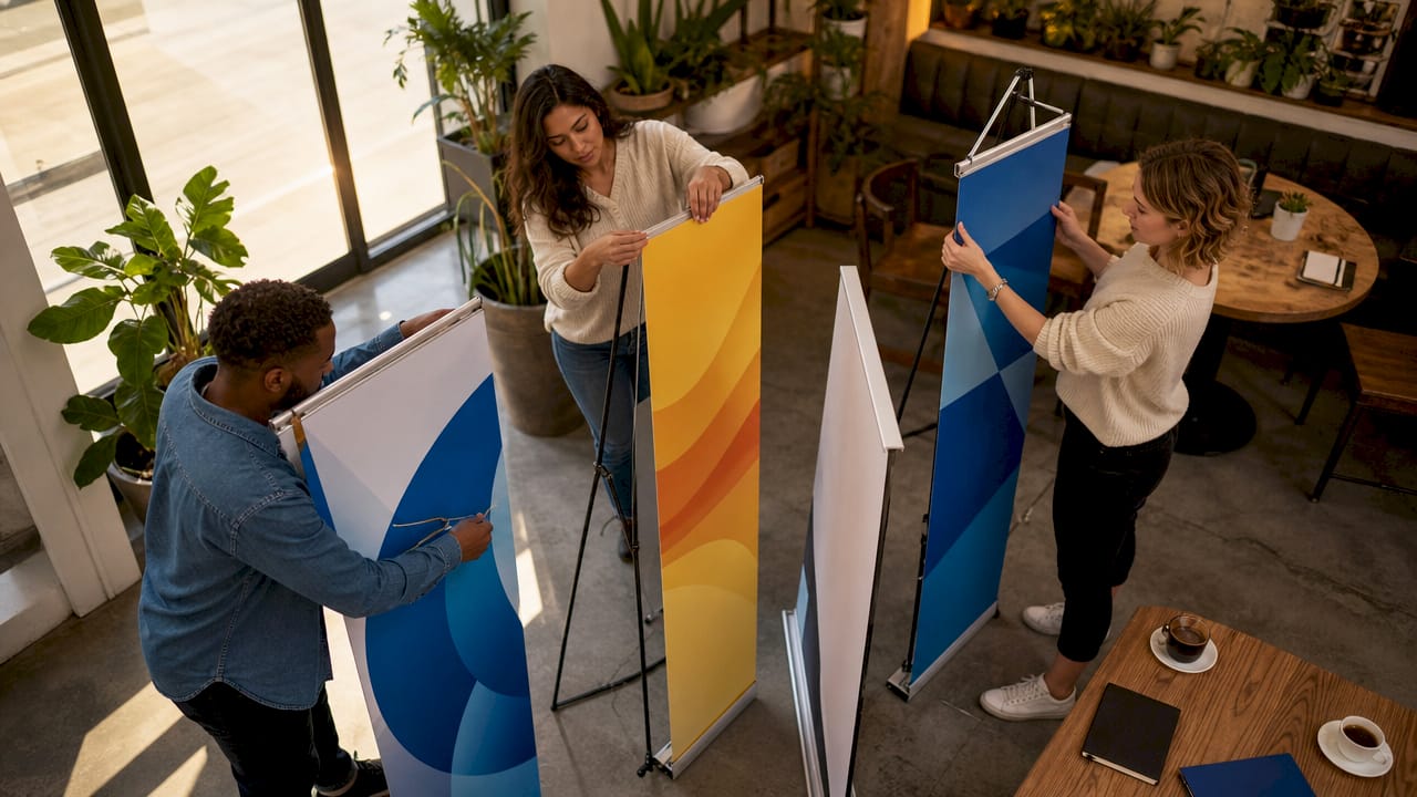 Team examining various trade show banner types