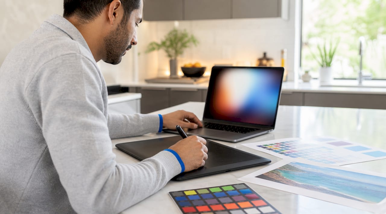 Designer preparing banner artwork files