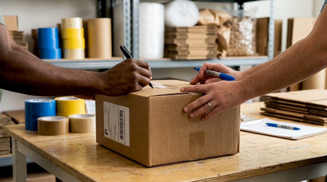 Hands labeling trade show shipping boxes