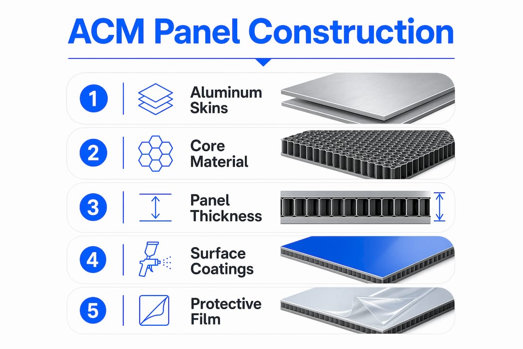 Infographic showing aluminum composite panel construction steps