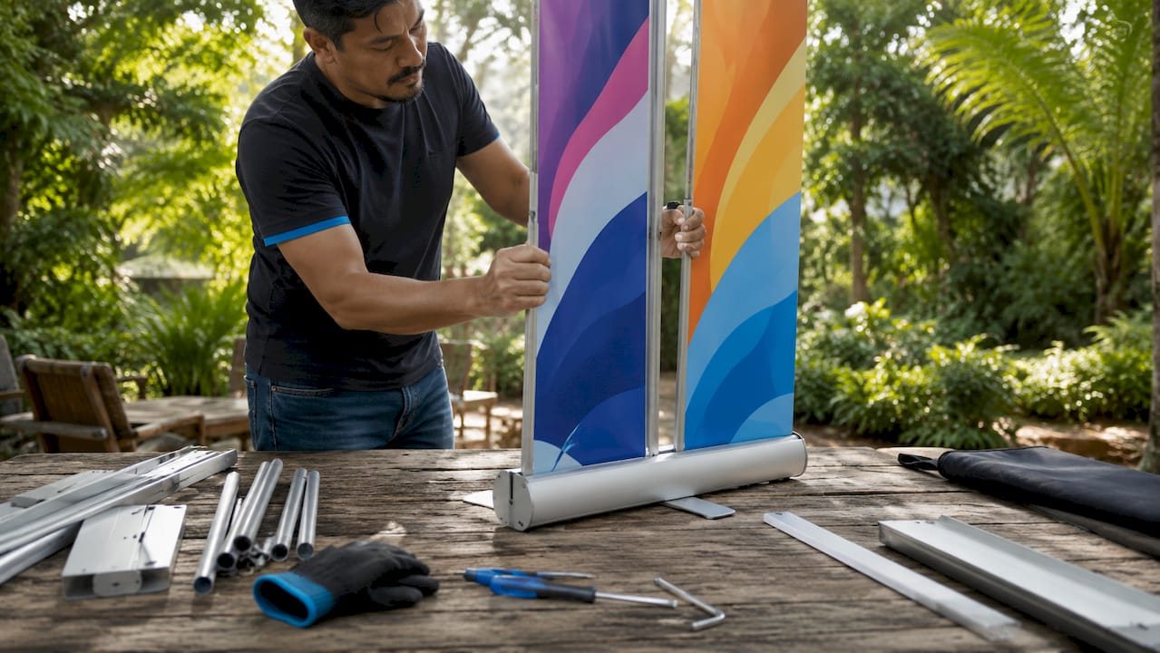 Hands assembling banner stand components