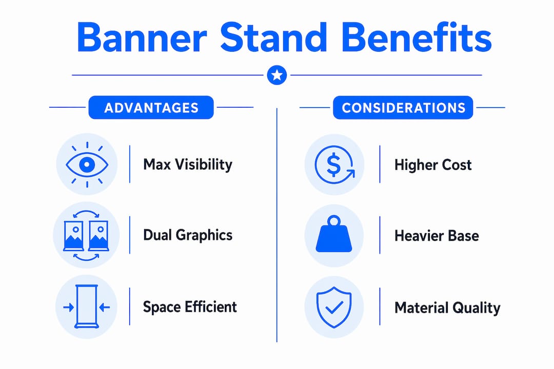 Infographic comparing benefits and considerations of double-sided banner stands