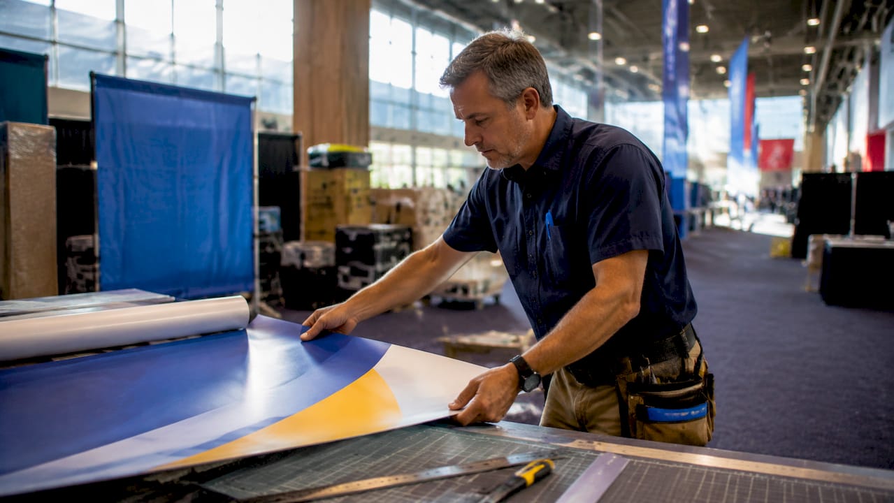 Designer adjusting layered booth graphic in print shop