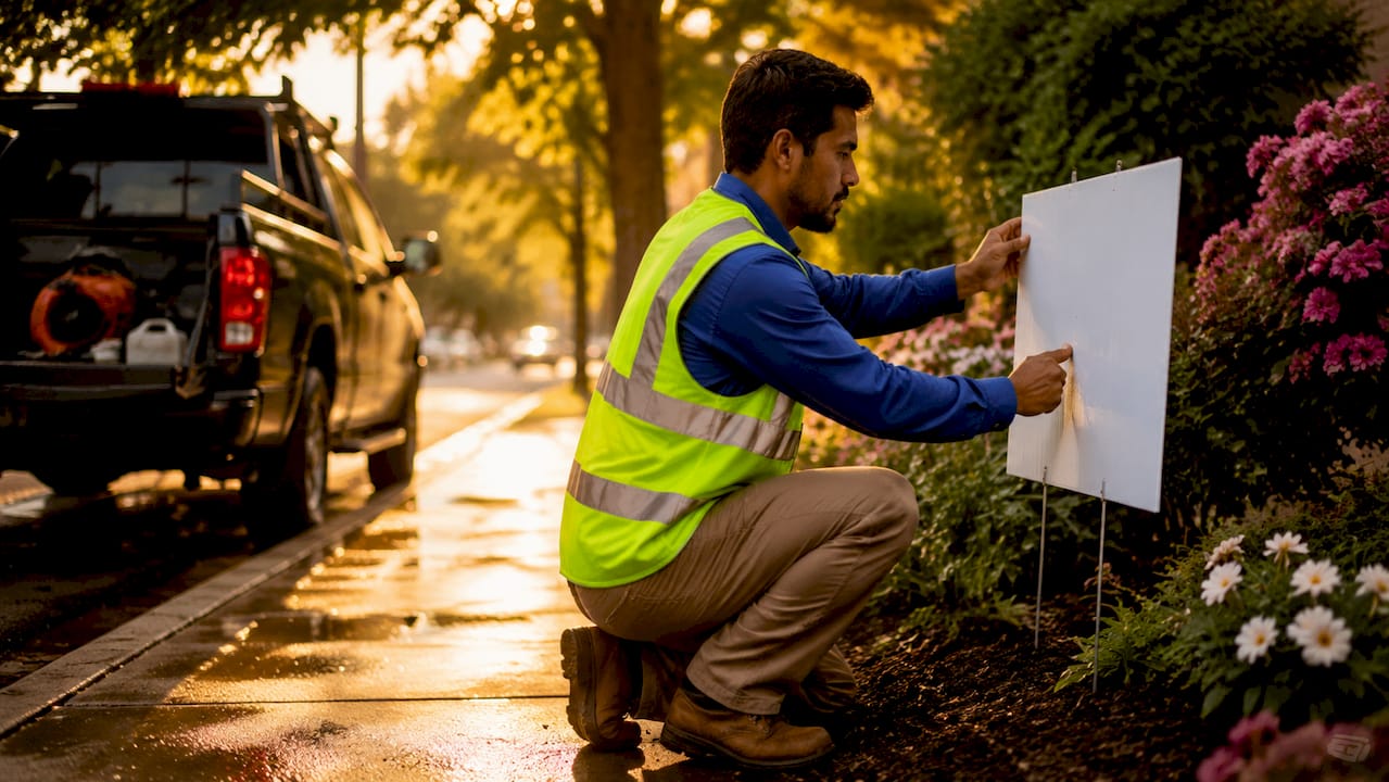 Landscaper placing yard sign beside sidewalk at eye level