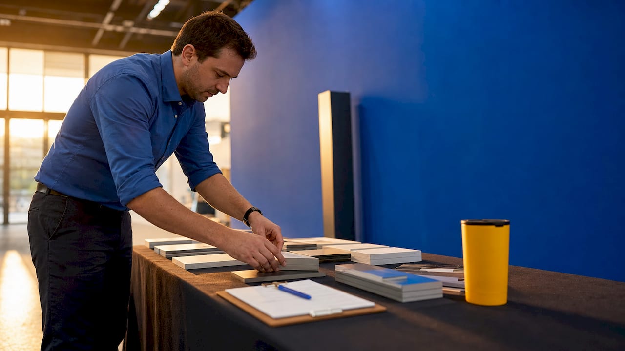Hands arranging product samples on trade show table