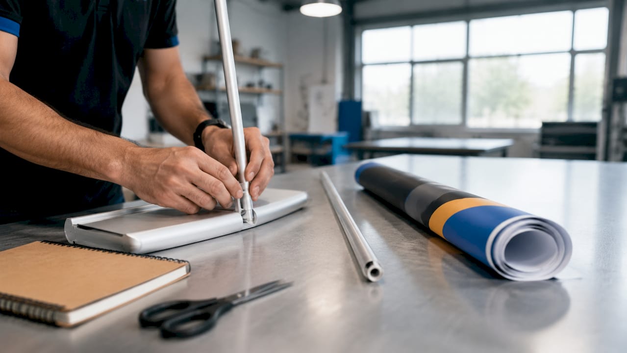 Hands assembling pull-up banner parts on table