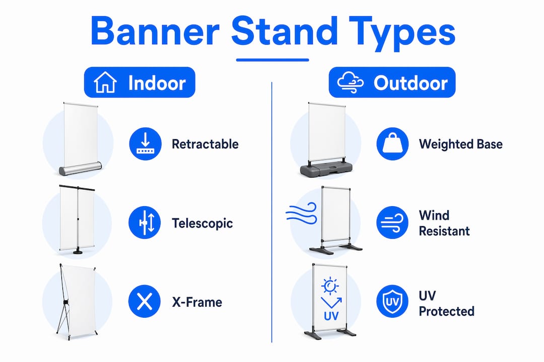 Infographic comparing indoor and outdoor banner stand types