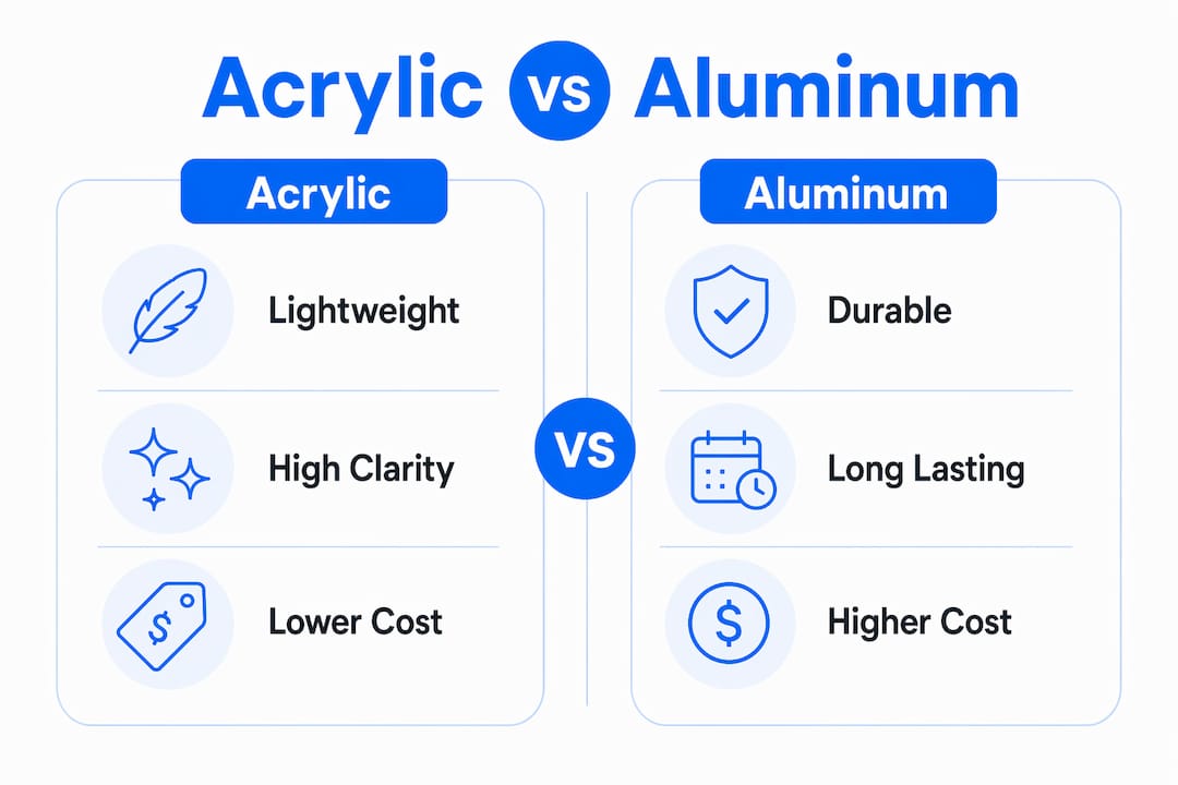 Infographic comparing acrylic and aluminum sign features