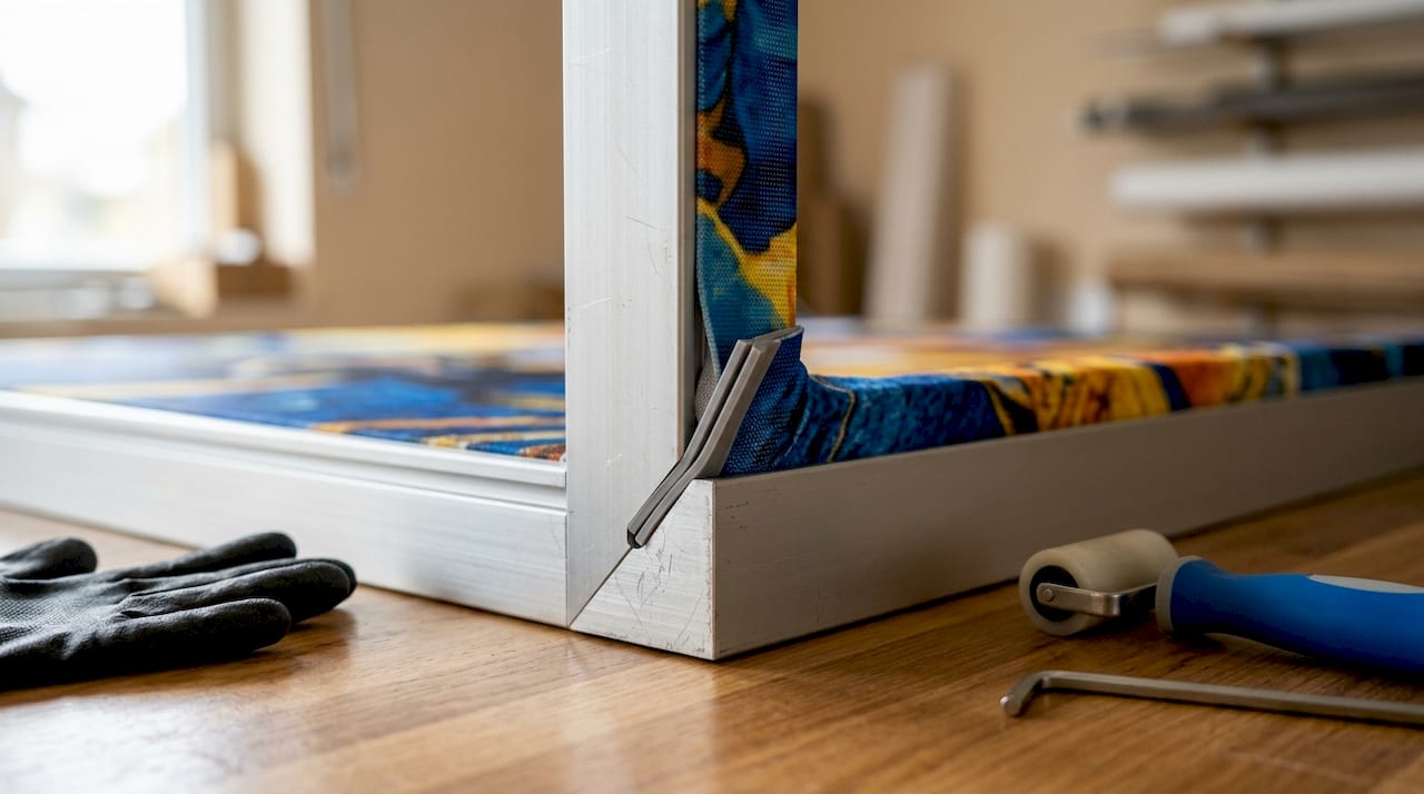 Close-up of fabric tension frame corner and fabric edge
