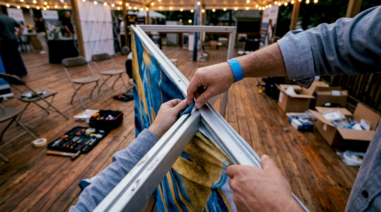 Close-up hands adjusting fabric booth display