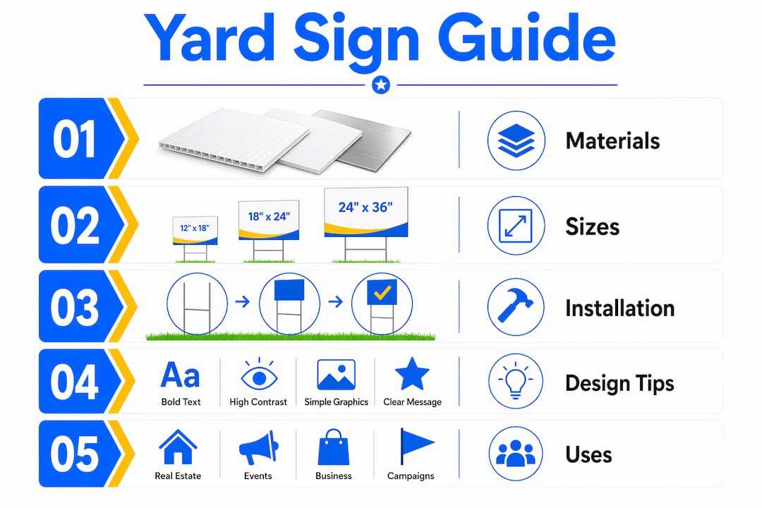 Infographic outlining yard sign materials, sizes, installation, design tips, and uses