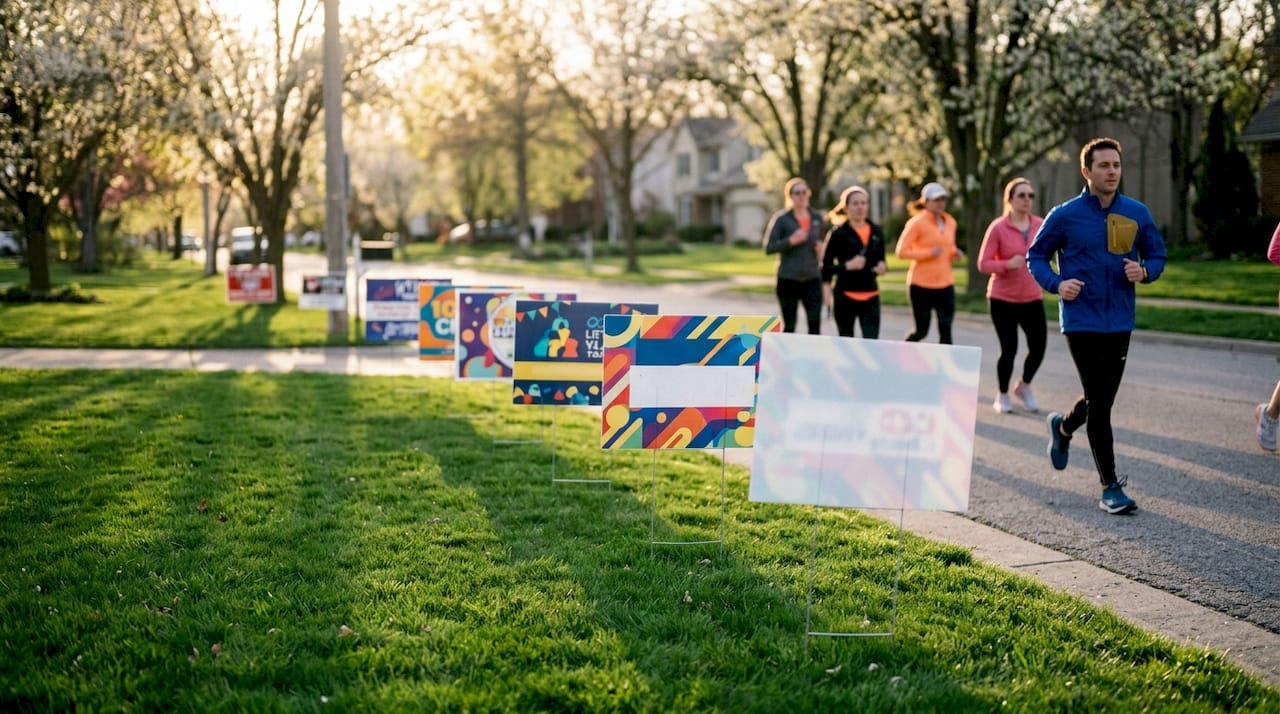 Multiple yard signs displayed on lawn