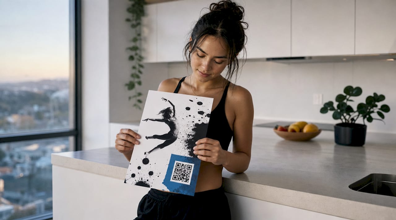 Close-up of hands holding dance flyer with QR code