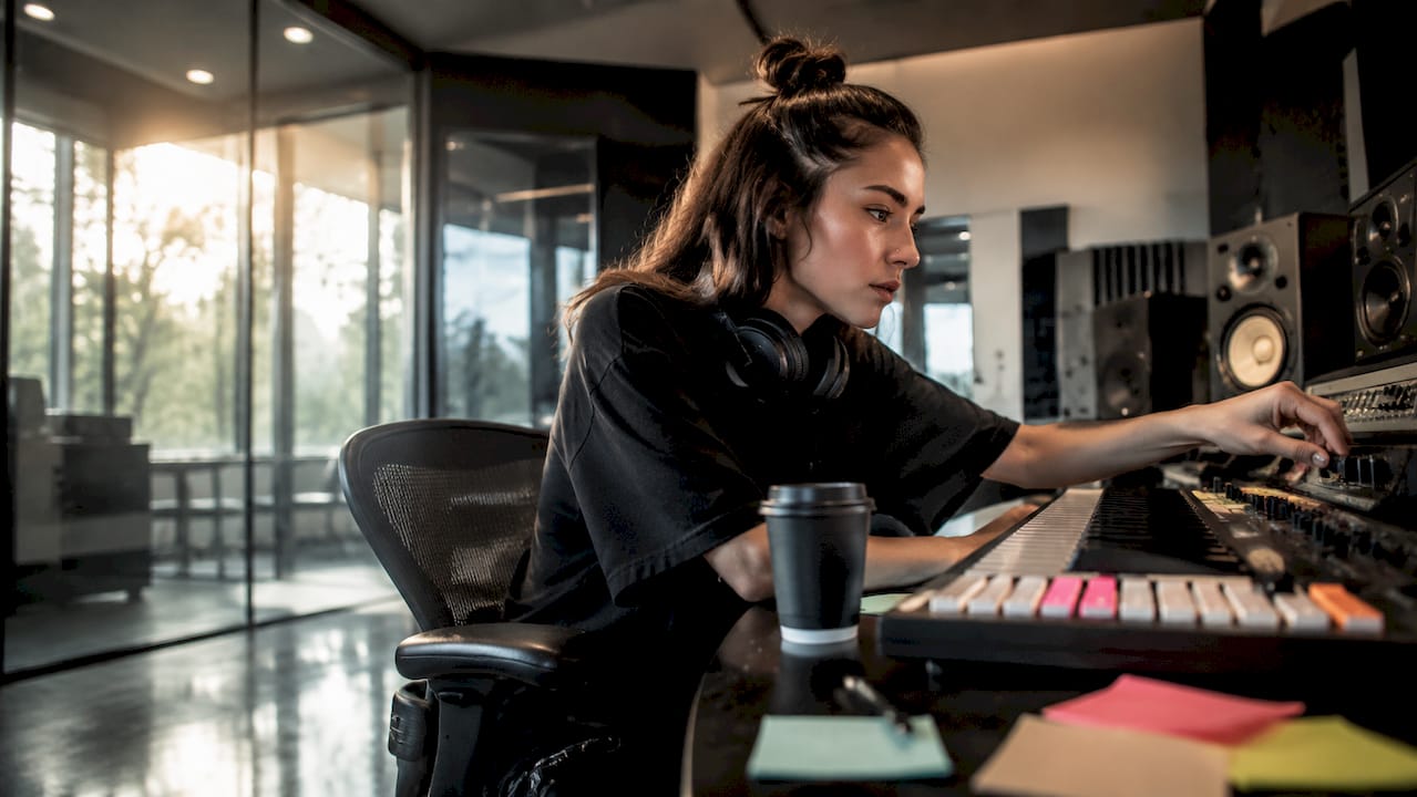 Music producer working in home studio