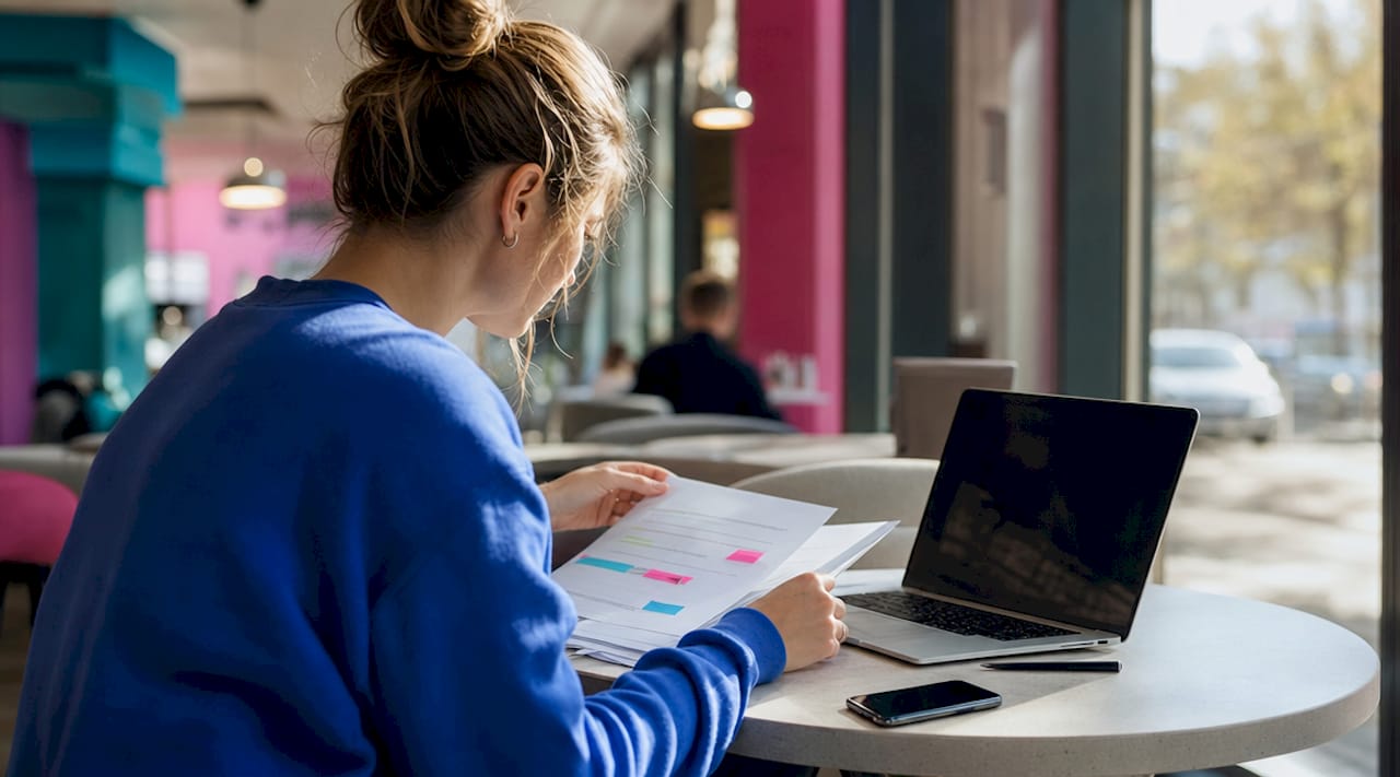 Detailopname van handen die documenten met een connector bestuderen