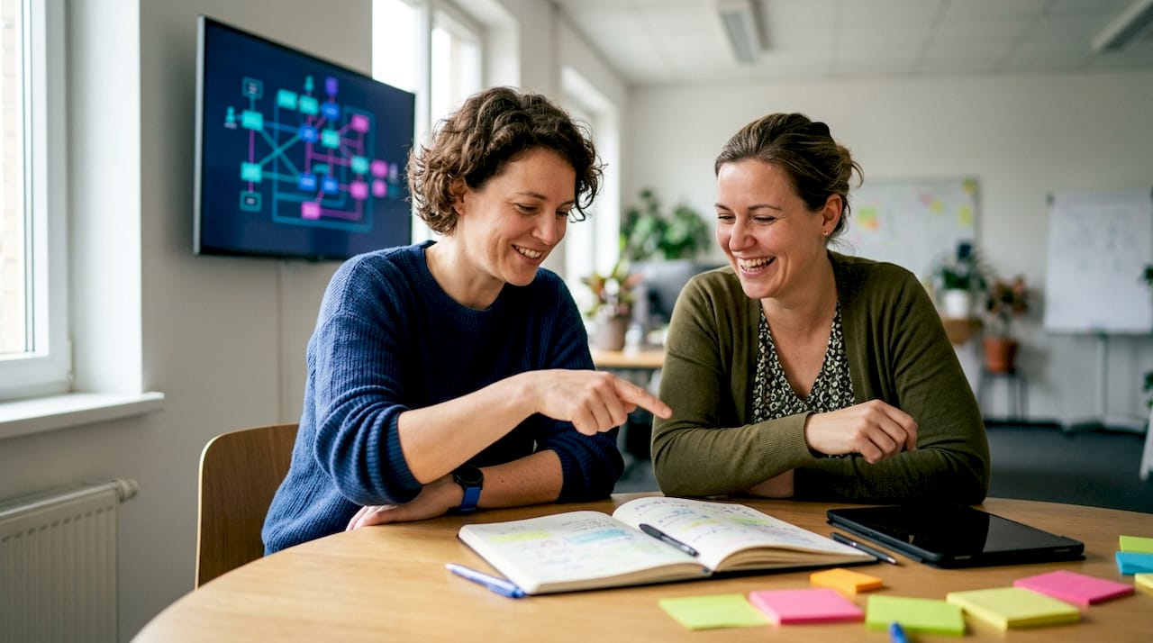 Twee IT-specialisten buigen zich samen over een netwerkdiagram.