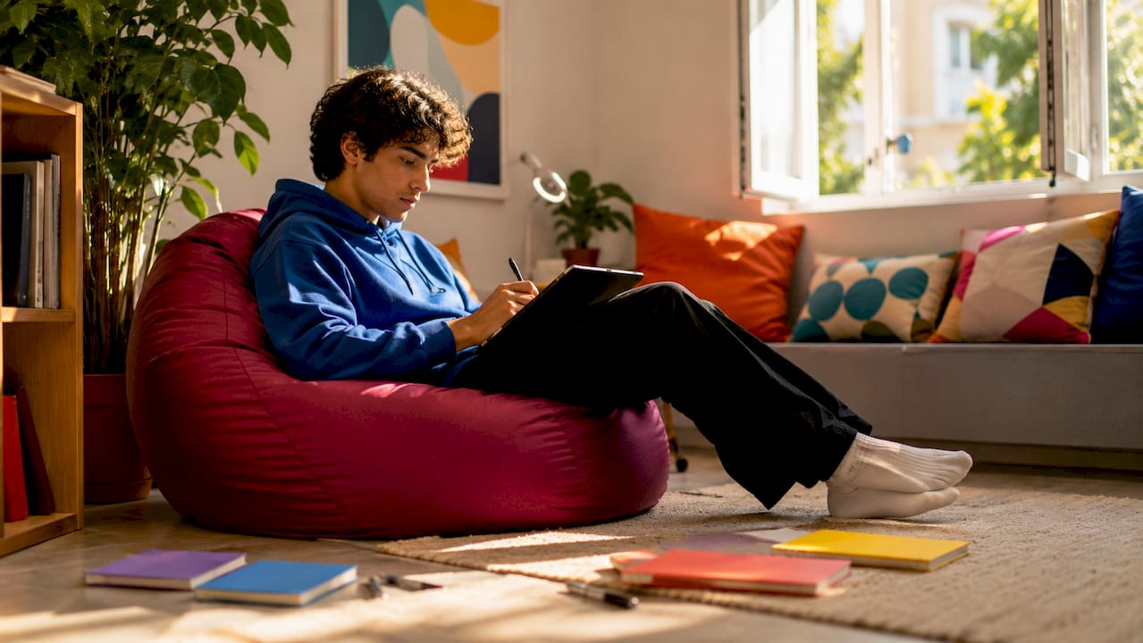 Een student zit thuis in een knus hoekje te werken op zijn tablet met OneNote.