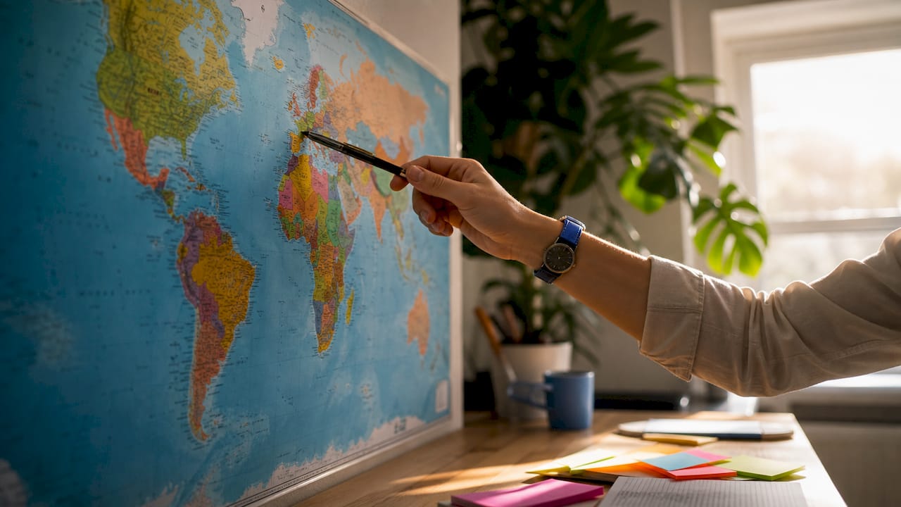 Detailopname van een hand die een plek op een wereldkaart aanwijst