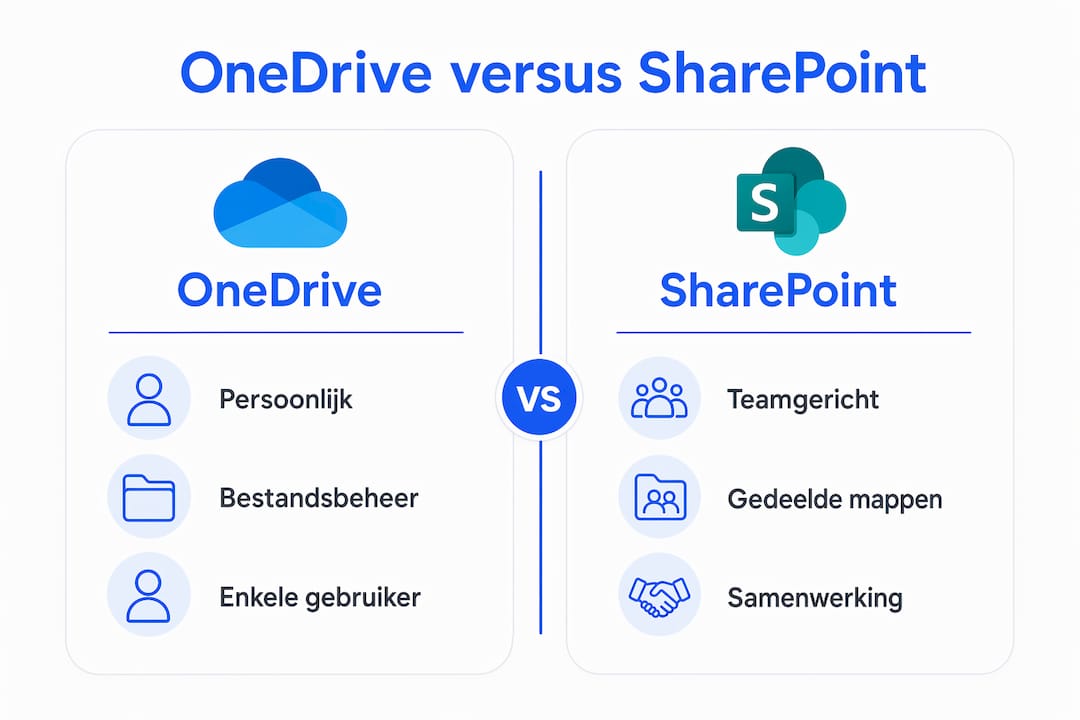 Overzichtelijke infographic waarin de verschillen tussen OneDrive en SharePoint worden duidelijk gemaakt.