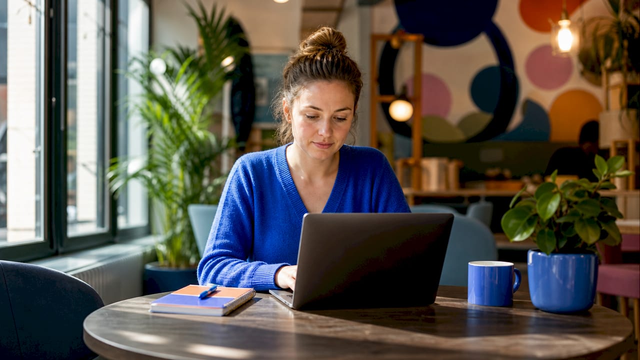 Vrouw werkt flexibel met haar laptop in een gedeelde werkruimte
