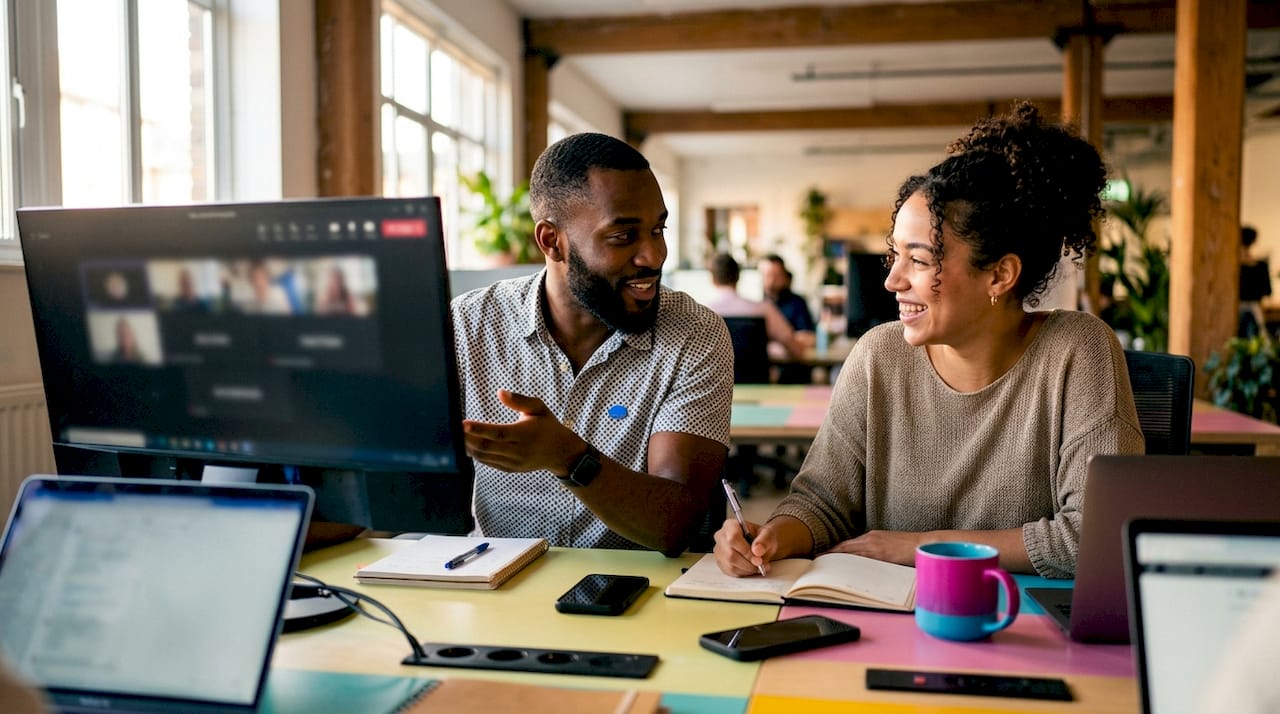 Een team werkt samen in een vergaderruimte via Microsoft Teams.