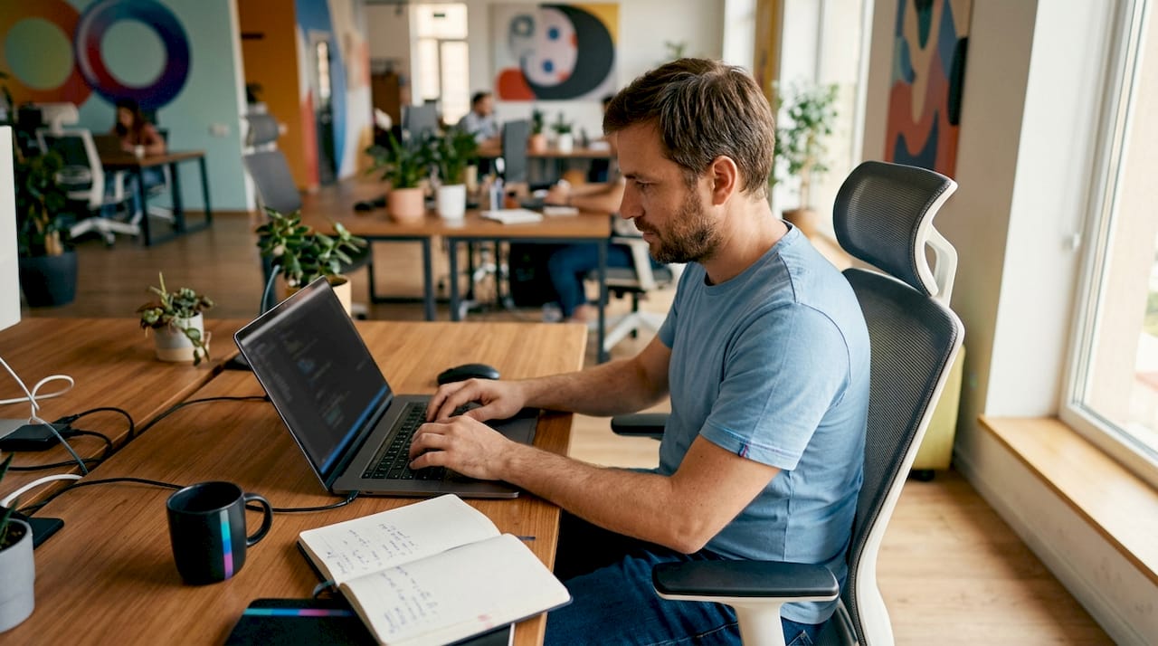 Een IT-specialist maakt op kantoor gebruik van een leerplatform.