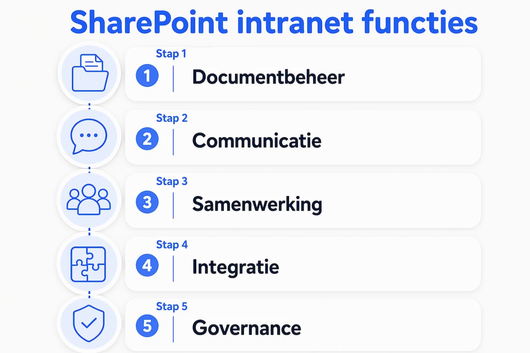 Infographic met een overzicht van de belangrijkste functies en stappen binnen een SharePoint-intranet