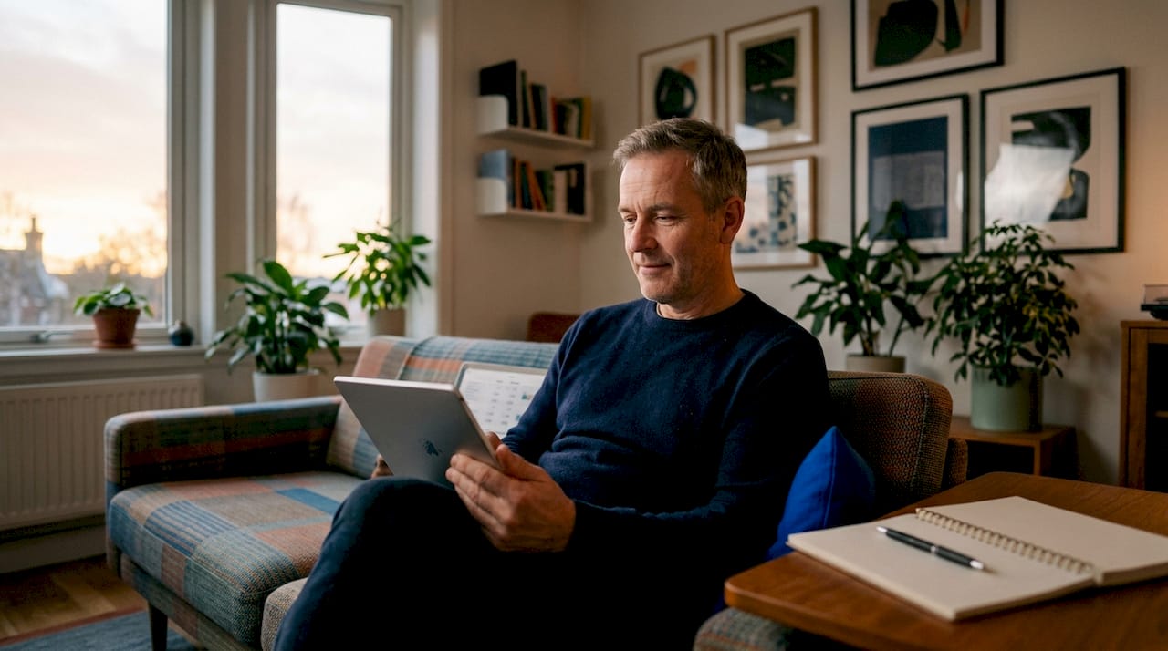 Een close-up van handen die door Azure kostendata bladeren op een tablet.