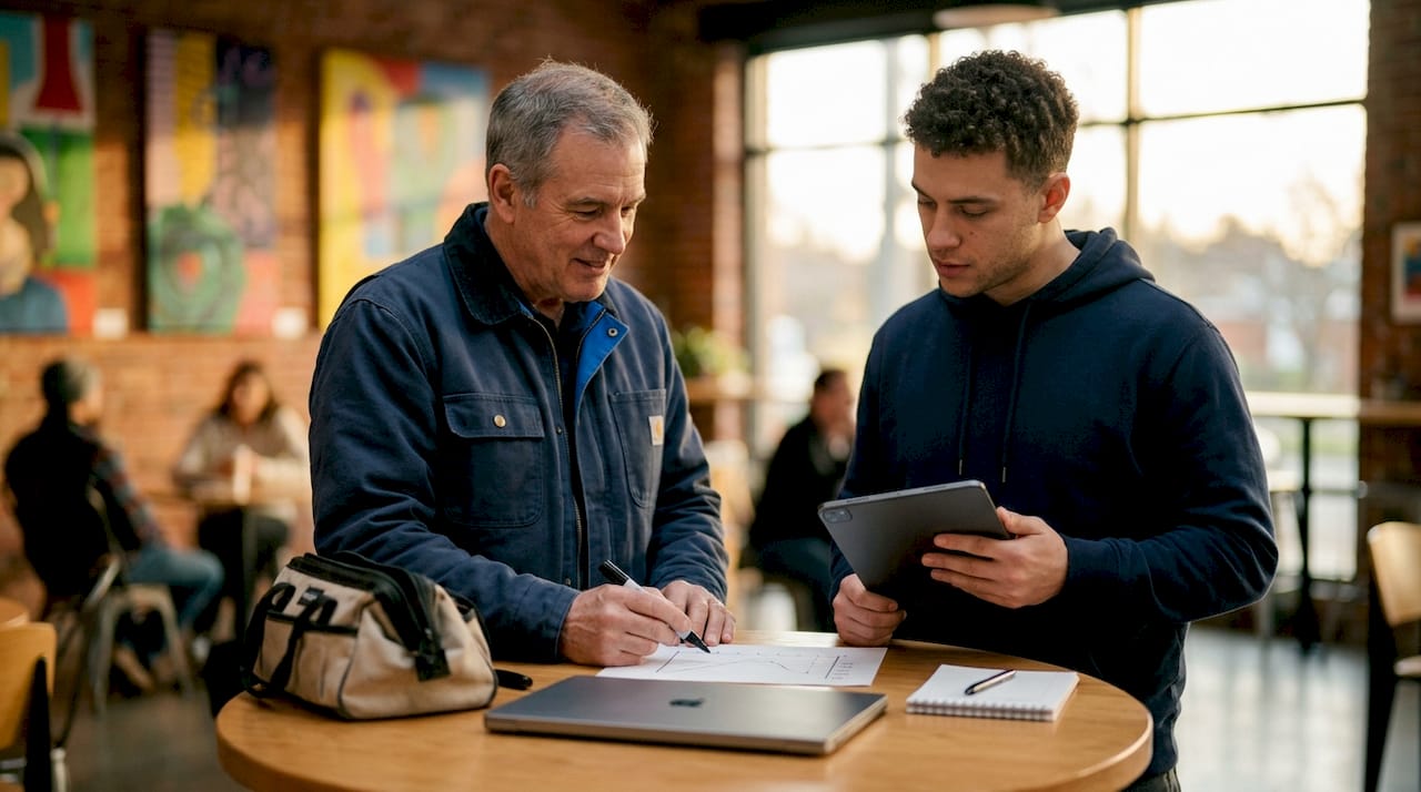 Twee IT-specialisten overleggen over technische ondersteuning in het klaslokaal.