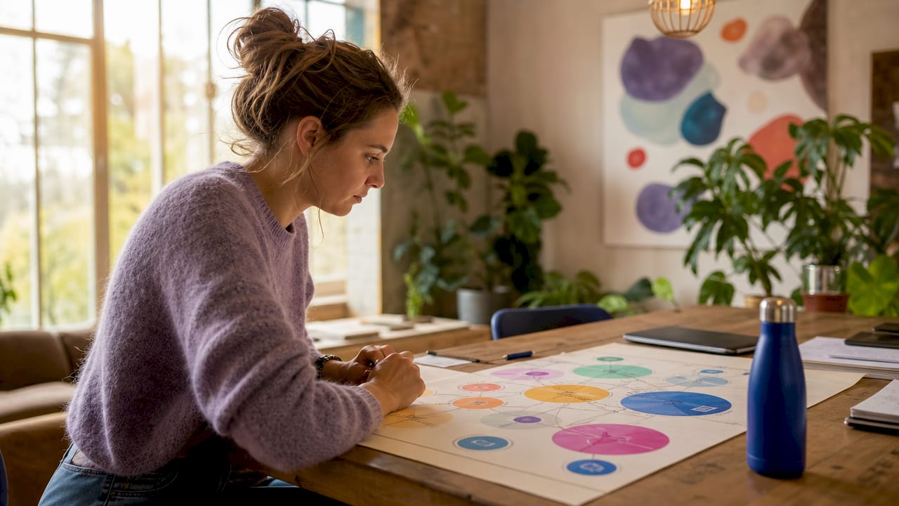Een vrouw bekijkt aandachtig een overzicht van digitale tools die op tafel liggen.