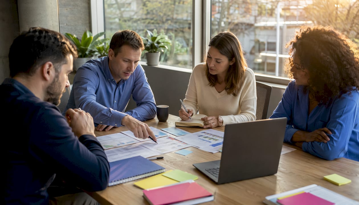 Het team overlegt over de beperkte budgetruimte voor de modernisering.