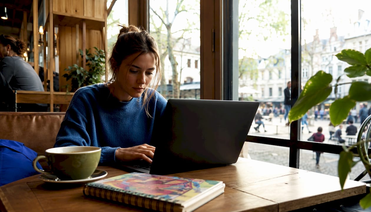 Een vrouw zit achter haar laptop en werkt aan een artikel op het Ghost-platform.
