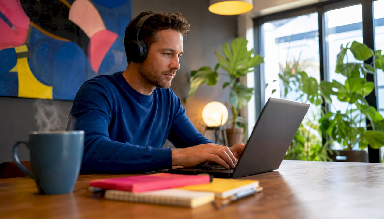 Een man volgt een softwaretraining achter zijn laptop met een headset op.