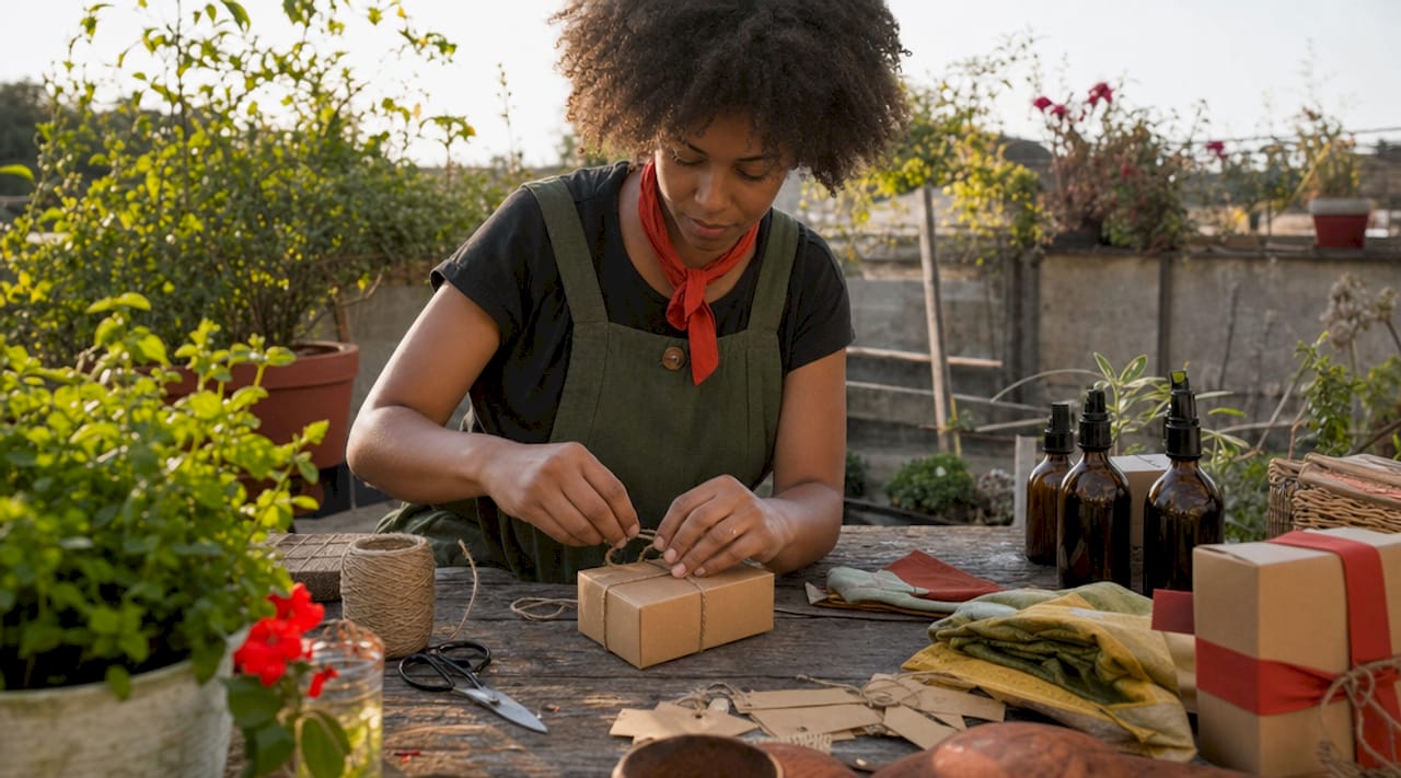 Hands assembling eco-friendly product packaging