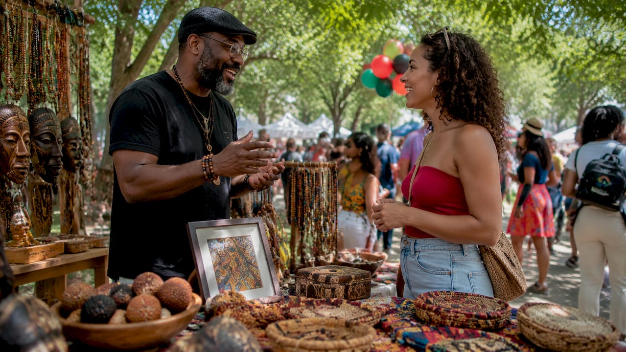 Black male vendor engaging customers at outdoor market