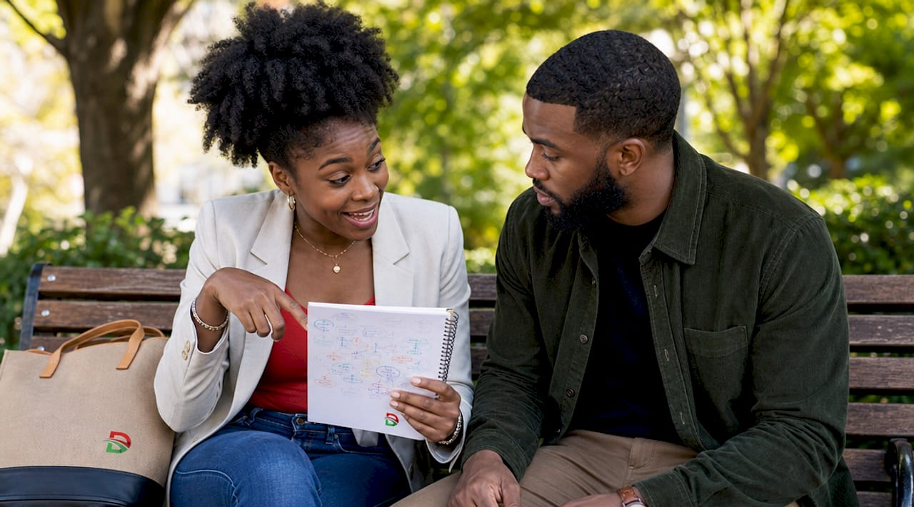 Two entrepreneurs discussing brand visibility outdoors