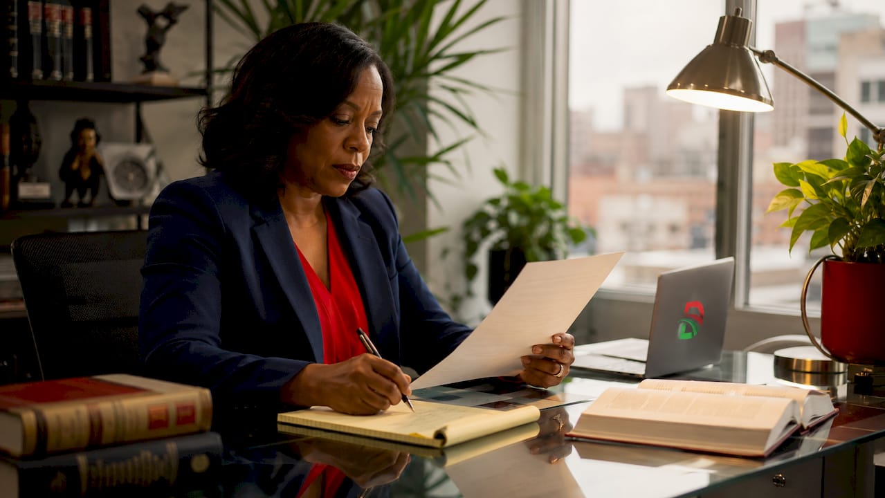 Black female lawyer writing notes in office